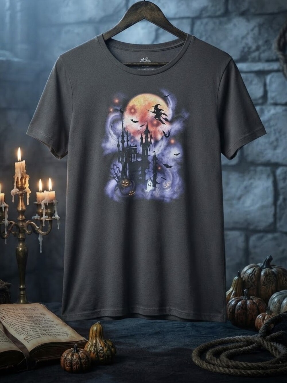 Woman's Black Halloween Graphic T-Shirt - Spooky Castle Design FITS LIKE A XXL